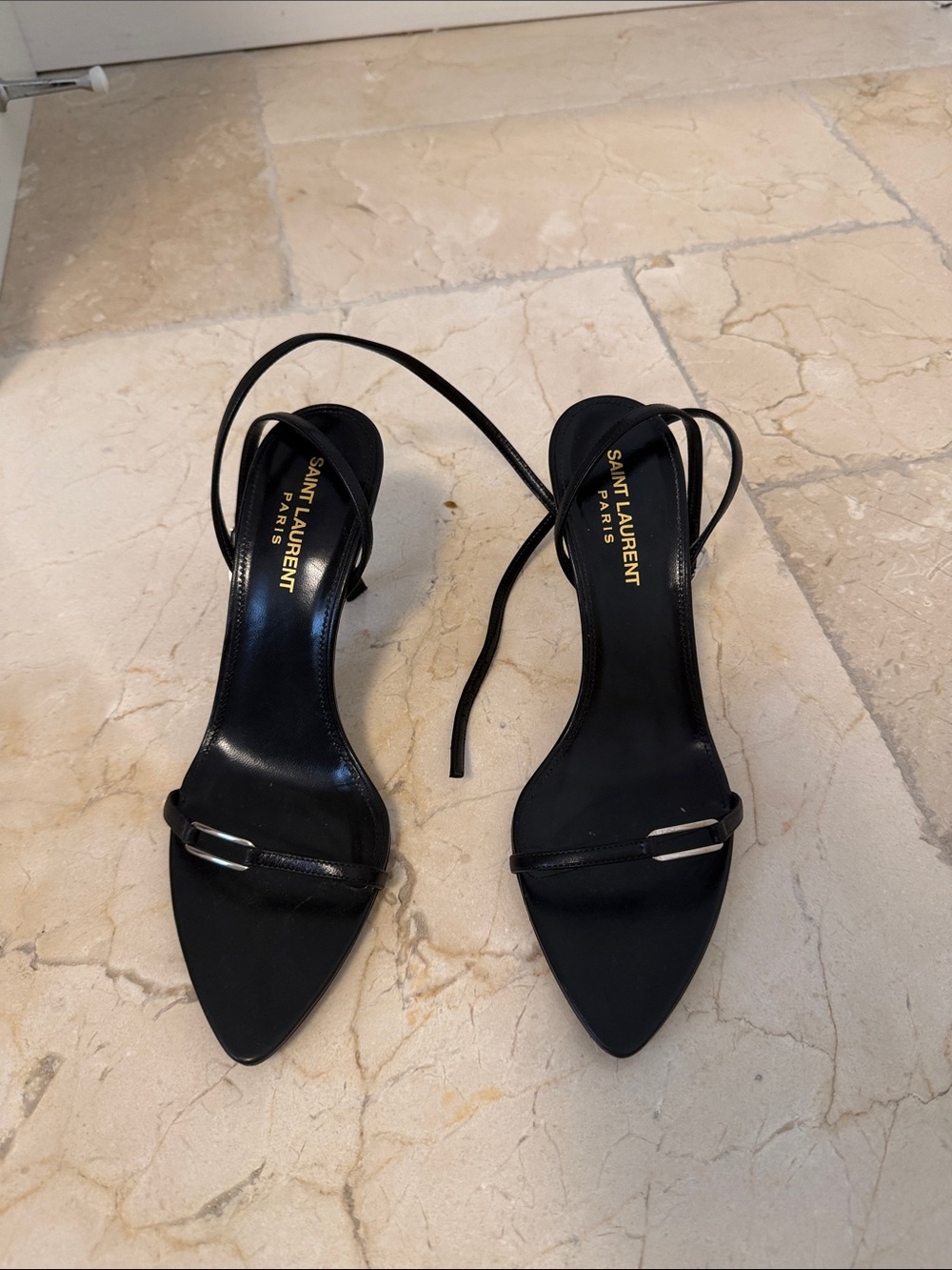 Saint Laurent Black Pointed Leather Ankle-Tie Heels